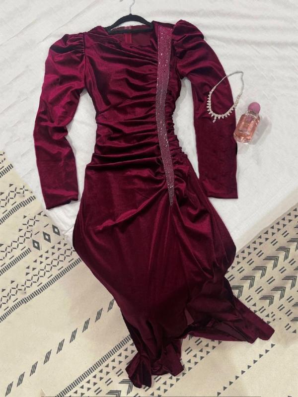 Women's Rhinestone Decor Ruched Split Thigh Dress, Elegant Long Sleeve  Evening Party Gown, Women's Clothing for Fall & Winter